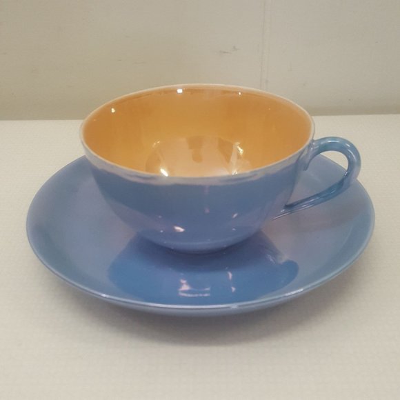 Meito China Handpainted in Japan Blue Orange Lusterware Cups Saucers Set of 4 - Picture 2 of 8